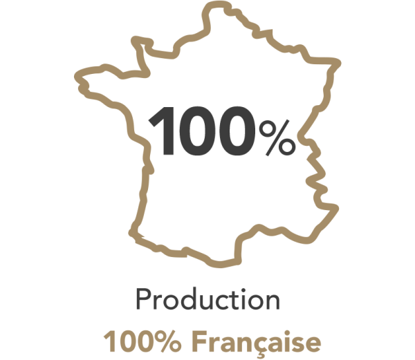 Carte de France avec au centre écrit 100%, avec sous celle-ci écrit Production 100% Française pour informer sur le lieu de production des produits Frayssinet