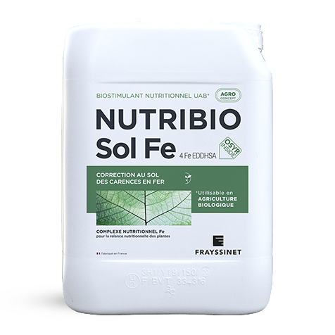 Bidon de Nutribio Sol Fe, un biostimulant nutritionnel UAB créé par Frayssinet