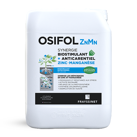 Bidon de l'OSIFOL ZnMn, un biostimulant nutritionnel Zinc Manganèse créé par Frayssinet