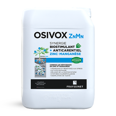 Bidon de l'OSIVOX ZnMn, un biostimulant nutritionnel Zinc Manganèse créé par Frayssinet
