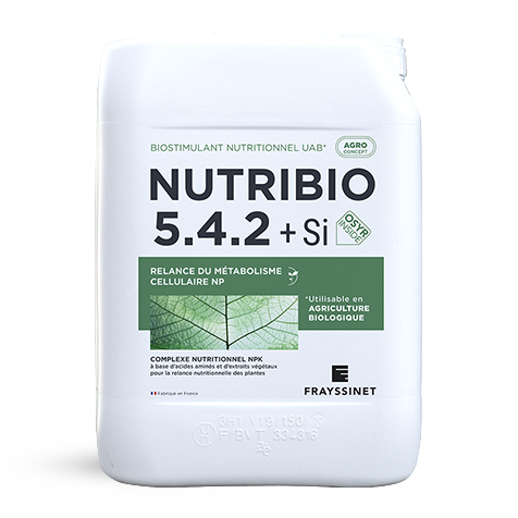 Bidon du biostimulant nutritionnel NPK créé par Frayssinet, le NUTRIBIO 5.4.2 + Si