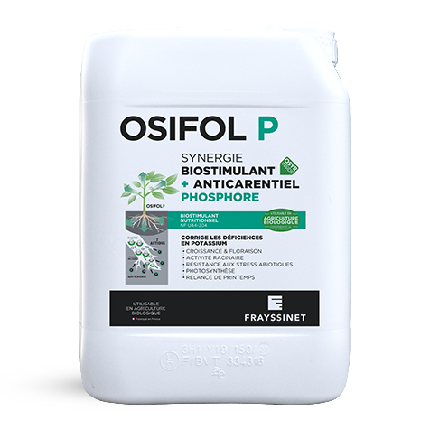 Bidon d'OSIFOL P, un biostimulant nutritionnel Phosphore. Ce produit Frayssinet a des propriétés diverses.