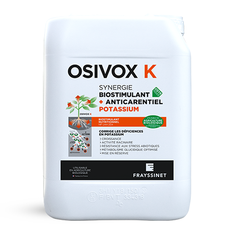Bidon d'OSIVOX K, un biostimulant nutritionnel Potassium créé par Frayssinet.