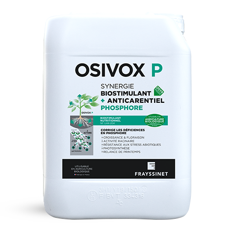 Bidon d'OSIVOX P, un biostimulant nutritionnel Phosphore. Ce produit Frayssinet a des propriétés diverses.