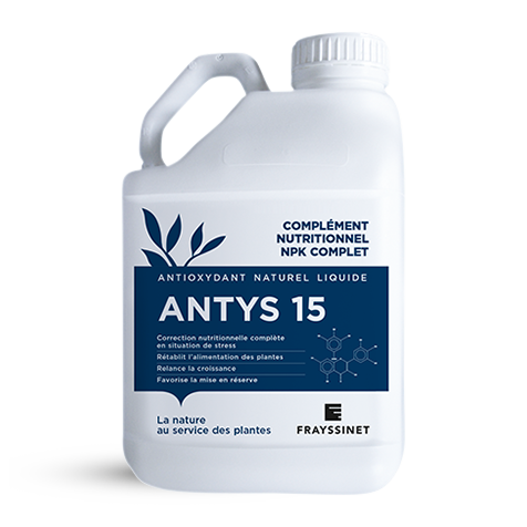 Produit ANTYS 15 EV dans son contenant, cet antioxydant naturel liquide est une solution d’engrais NPK avec oligo-éléments pour applications foliaires et au sol créée par Frayssinet