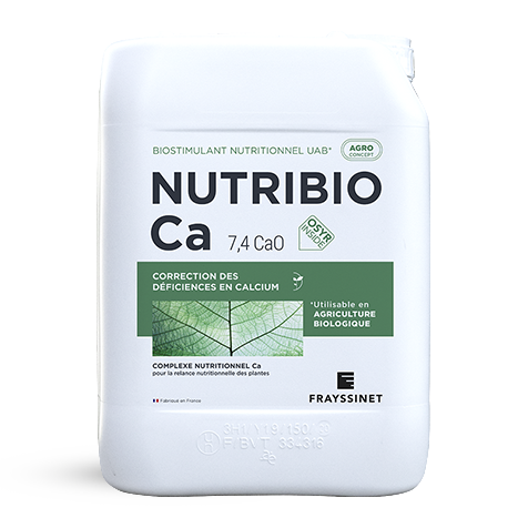 Photo d'un bidon de NUTRIBIO Ca, un biostimulant nutritionnel Calcium créé par Frayssinet