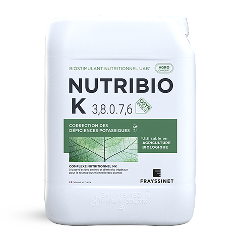 Visuel du bidon de biostimulant nutritionnel Potassium créé par Frayssinet : le NUTRIBIO K