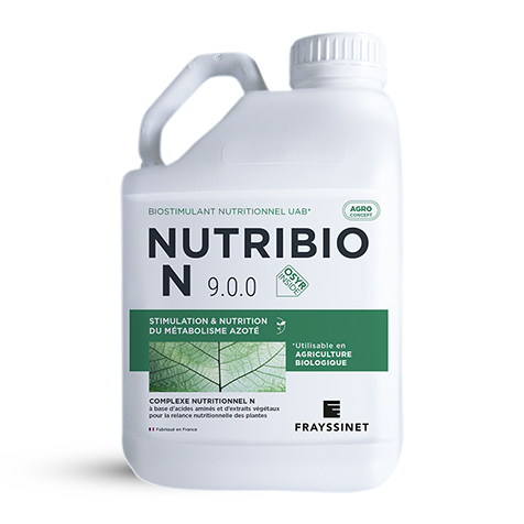 Visuel d'un NUTRIBIO N EV, un biostimulant nutritionnel azoté mis en bidon par Frayssinet.
