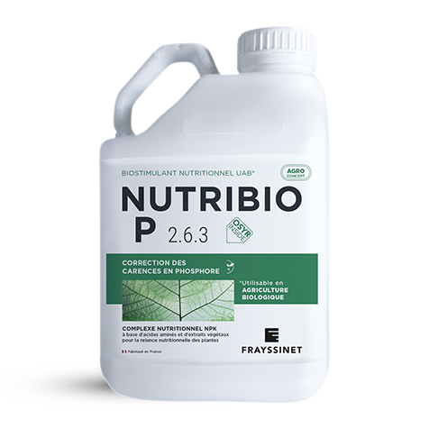 Visuel d'un bidon de biostimulant nutritionnel Phosphore, le NUTRIBIO P EV, créé par Frayssinet