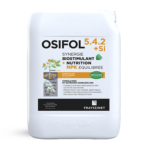 Visuel d'un bidon d'OSIFOL 5.4.2+Si, un biostimulant nutritionnel avec Silicium créé par Frayssinet