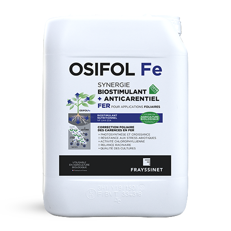 Visuel d'un bidon de biostimulant nutritionnel Fer pour applications foliaires créé par Frayssinet, l'OSIFOL Fe