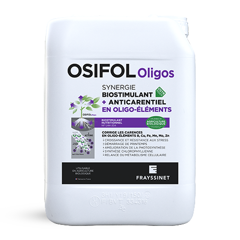 Visuel d'un bidon d'OSIFOL Oligos, un biostimulant nutritionnel Zinc, Manganèse créé par Frayssinet.