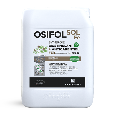 Visuel d'un bidon d'OSIFOL SOL Fe, un biostimulant nutritionnel Fer pour application au sol. Ce produit Frayssinet est utilisable en agriculture biologique.