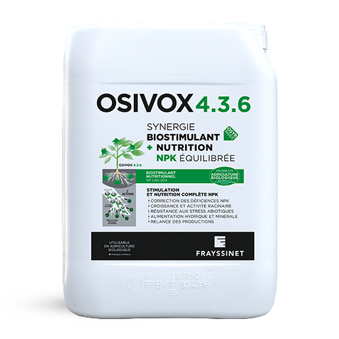 Visuel d'un bidon de biostimulant nutritionnel Frayssinet, l'OSIVOX 4.3.6.