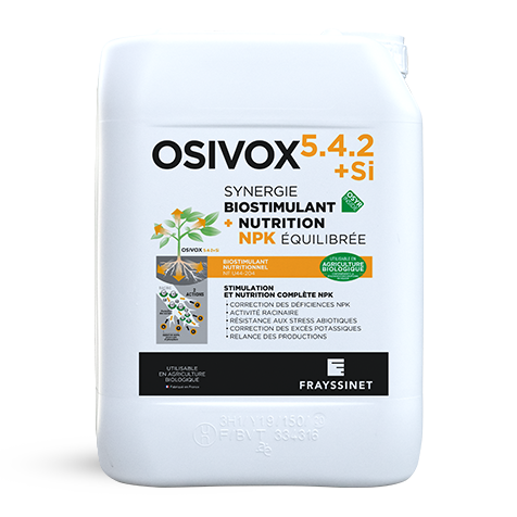 Visuel d'un bidon d'OSIVOX 5.4.2+Si, un biostimulant nutritionnel avec Silicium créé par Frayssinet
