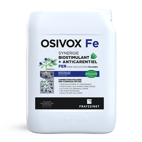 Visuel d'un bidon de biostimulant nutritionnel Fer pour applications foliaires créé par Frayssinet, l'OSIVOX Fe