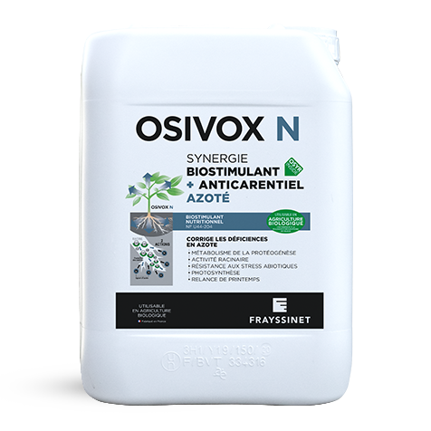 Visuel d'un bidon de biostimulant nutritionnel azoté produit par Frayssinet : l'OSIFOL N.