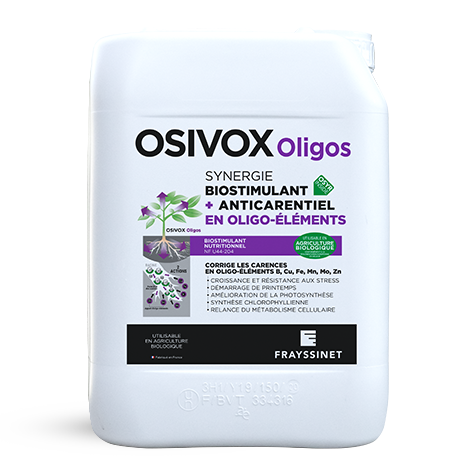 Visuel d'un bidon d'OSIVOX Oligos, un biostimulant nutritionnel Zinc, Manganèse créé par Frayssinet.