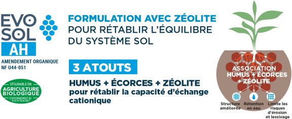 Fiche explicative des actions d'EVOSOL AH. Cet amendement organique créé par Frayssinet va grâce à sa formulation avec zéolite rétablir l'équilibre du système sol.